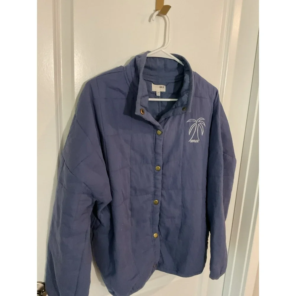 Amuse‎ Society Women Blue Quilted Puffer Jacket Palm Tree Snap Front Size S/M